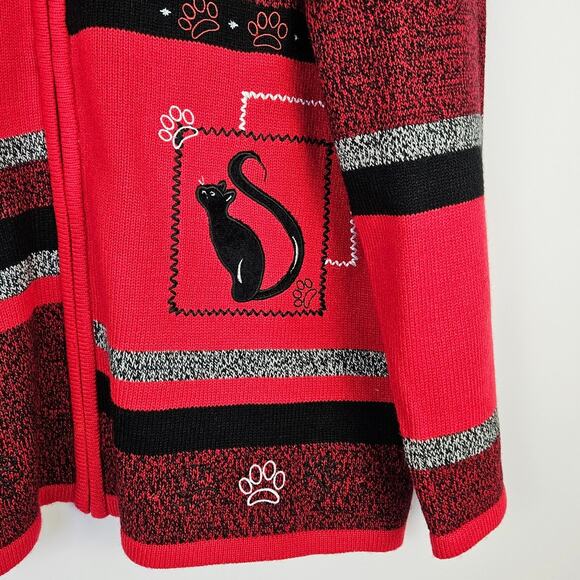Allison Daley Cat Sweater Jacket Zip Cardigan XL Red Black Striped Embroidered - Picture 6 of 10